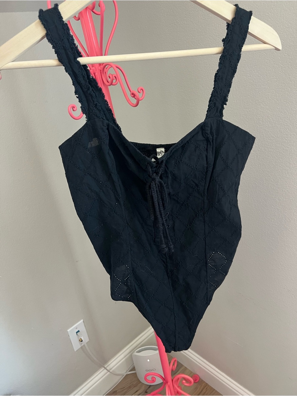 Free People Black Eyelet Lace-Front Women's Tank bodysuit